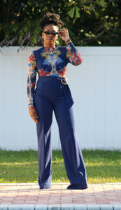 Navy Mesh W/ Floral Print Bodysuit