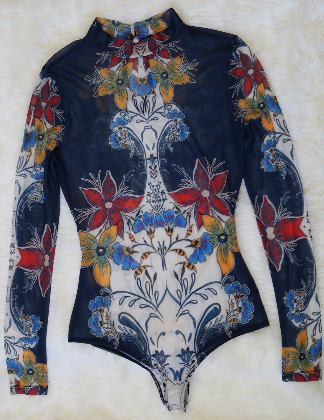 Navy Mesh W/ Floral Print Bodysuit